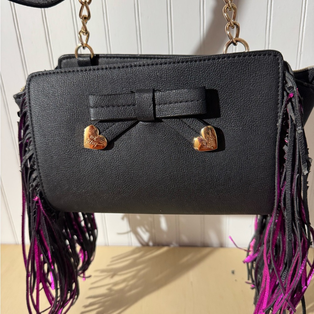 Betsey Johnson Black and Pink Fringe Shoulder Bag